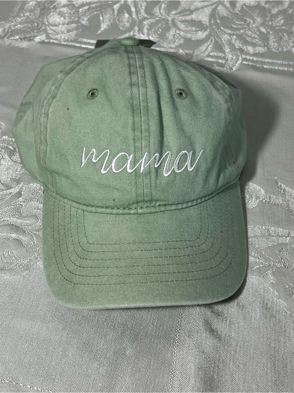 Time and Tru Sage Green 'Mama' Embroidered Hat with White Stitching